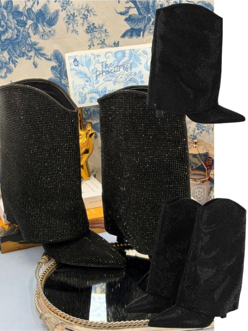 🆕 KURT GEIGER LONDON 🧿 NWOB Annabel Gaiter Black Crystal Folded Mid Boot, Sz 7